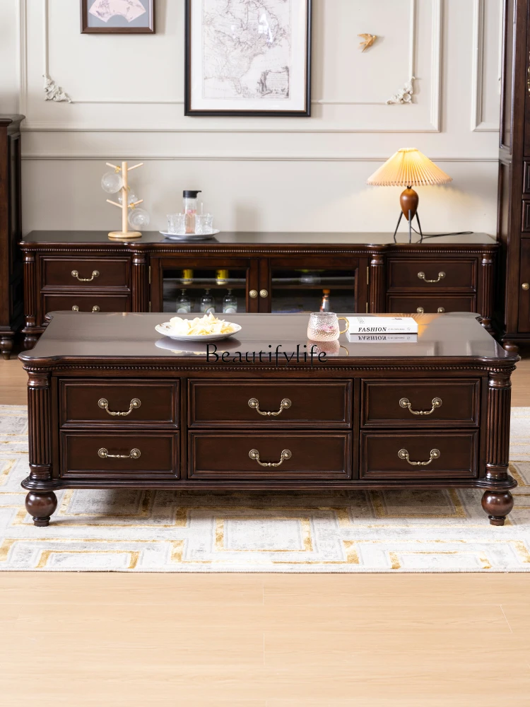 

American Retro Solid Wood Coffee Table Living Room Multi-Drawer Storage Rectangular Coffee Table Solid Wood Furniture