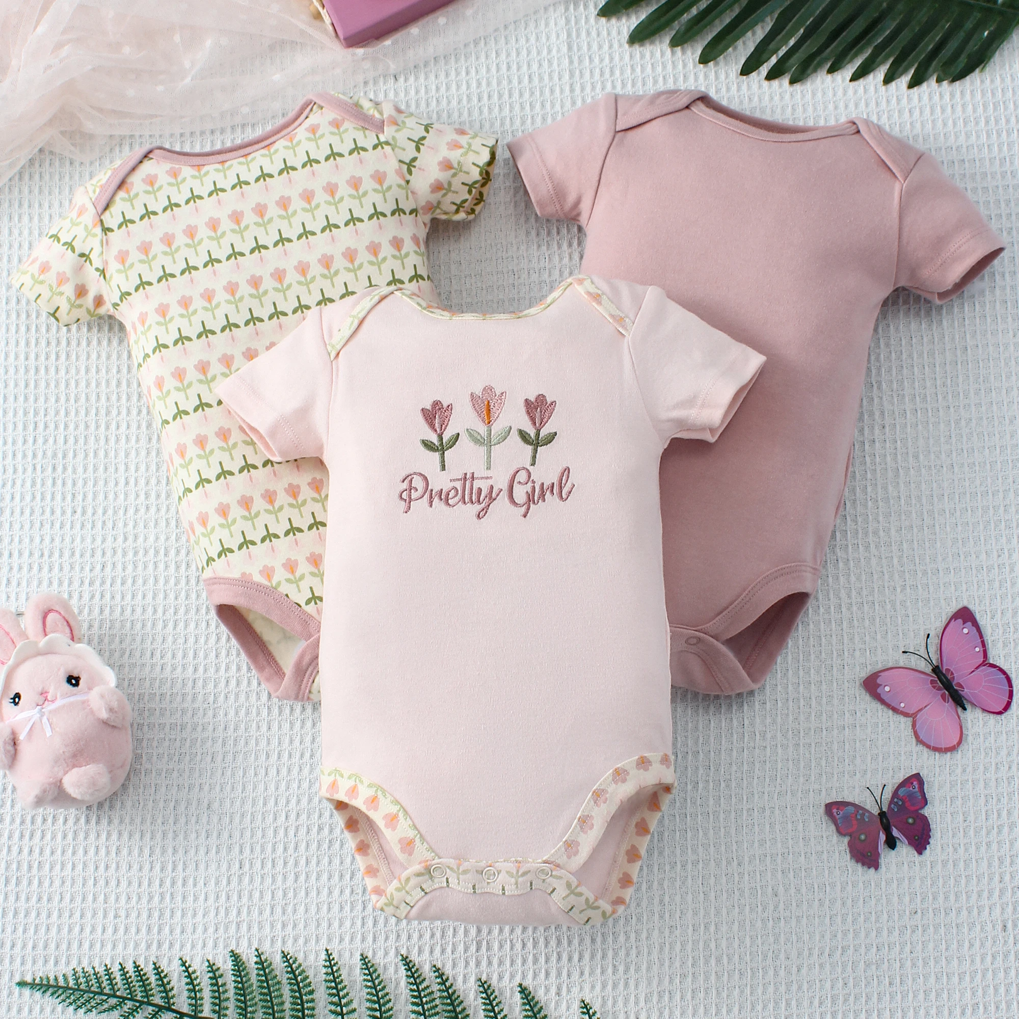 3PCS Summer Baby Bodysuit Set Letter Flower Embroidery Pattern Paired Solid Color Bodysuit and Flower Printed Triangle Bodysuit