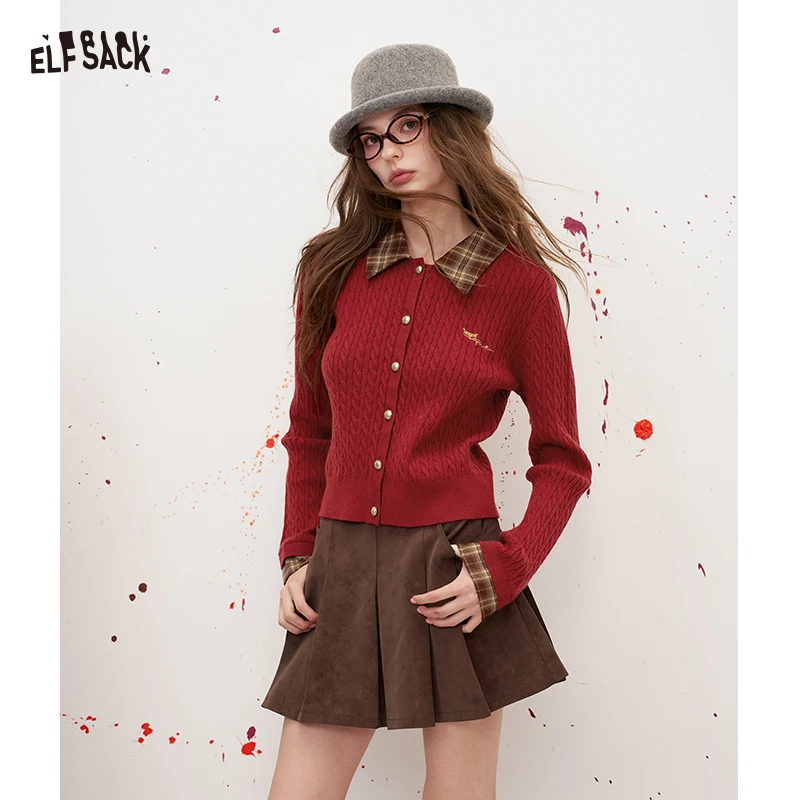 ELFSACK Women's Vintage Cable Knit Cardigan with Plaid Collar, Preppy Long Sleeve Knitwear, Casual Fall Slim Top