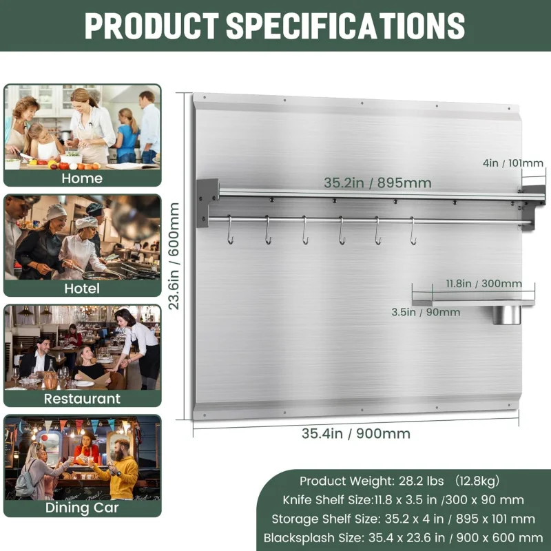 36 x 24 Inch Stainless Steel Backsplash with Shelf,  Stove  Range Hood Backsplash