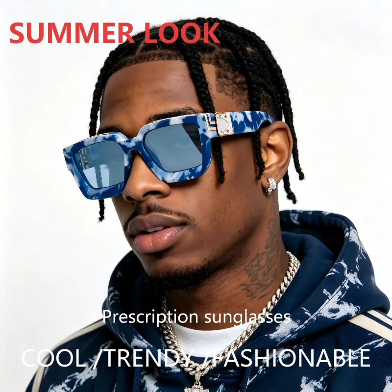 

Summer Look Custom Prescription Sunglasses Men Hip Hop Square Black Frame UV400 Myopia Eyewear For Driving Party