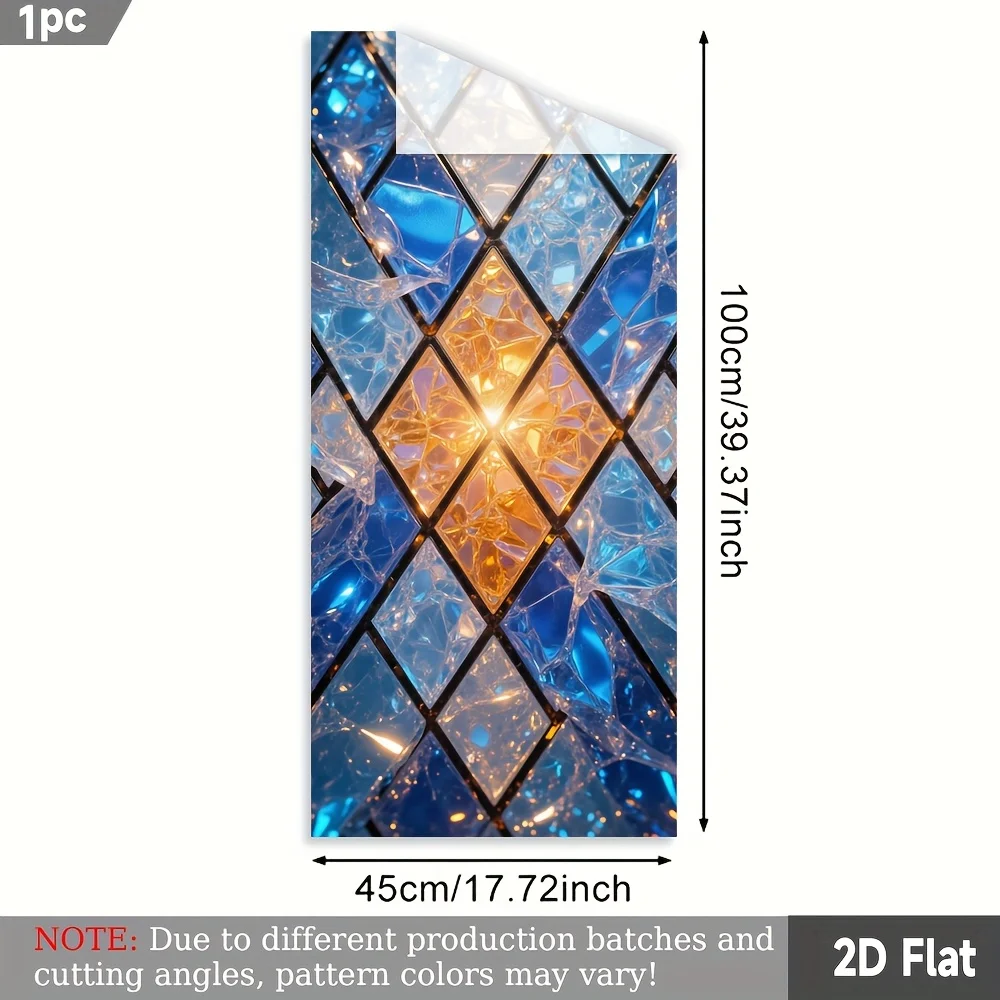 European‑Style Blue‑Gold Diamond Stained‑Glass Window Sticker Size 45x100cm Vintage Crushed‑Crystal Plaid Design