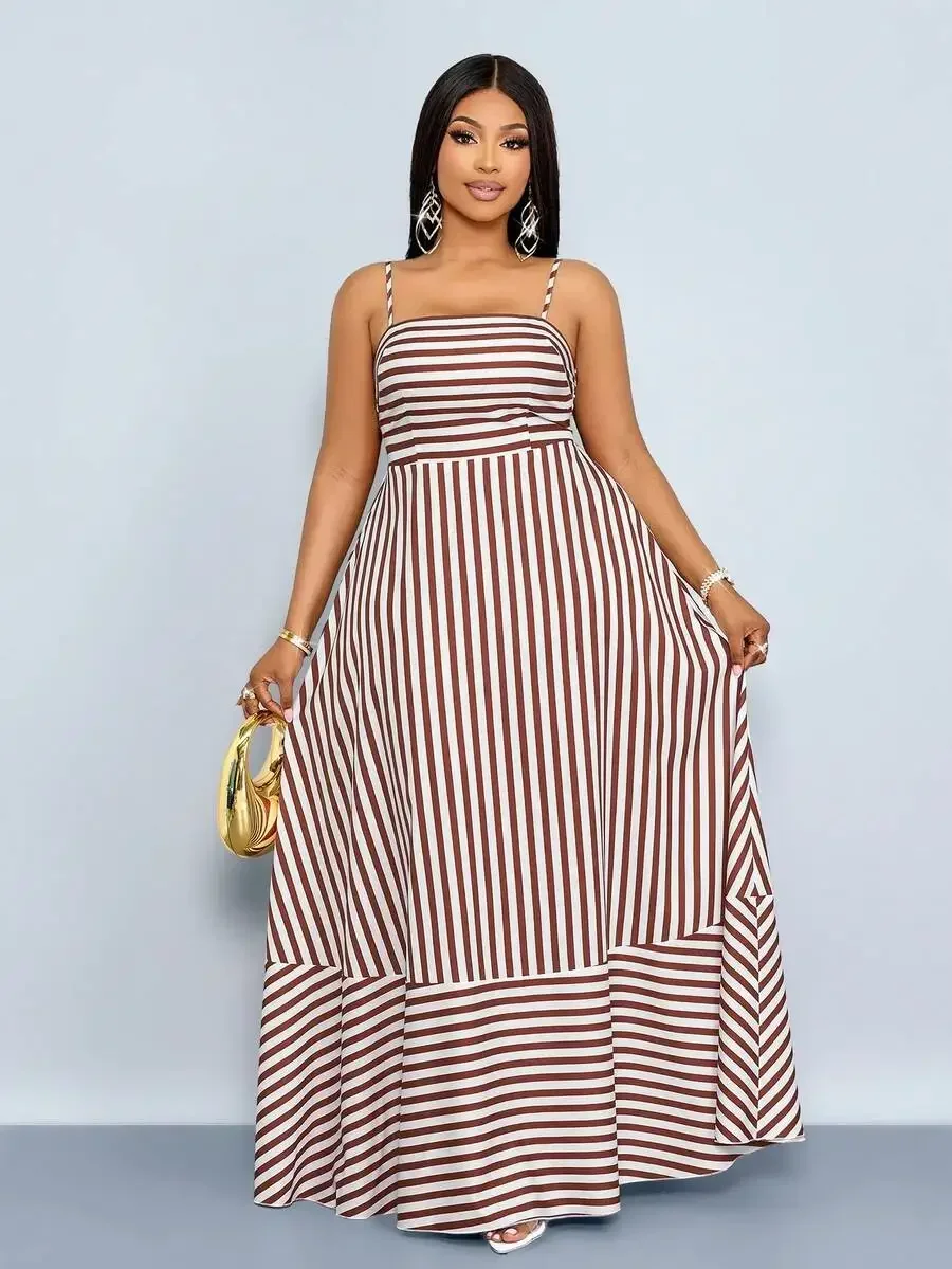 

Plus Size Striped Maxi Dress With Shoulder Straps Pockets Chest Gathering For Vacation Beach Casual