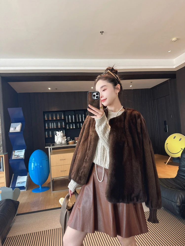 Lautaro Autumn Winter Brown Thick Warm Soft Faux Mink Fur Coat Women Lantern Sleeves Elegant Luxury Chic Fluffy Jacket 2026