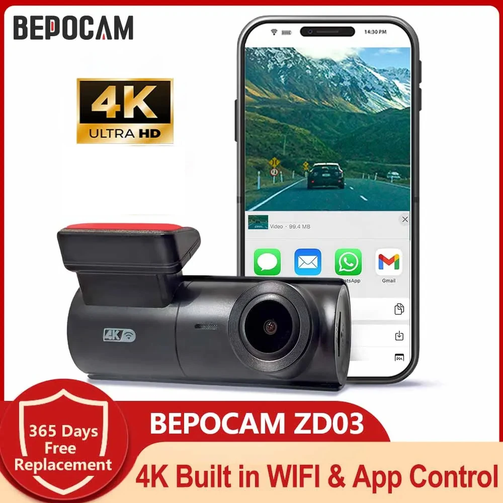 BEPOCAM ZD03 4K Dash Camera for Car DVR Camera Dashcam Built in WIFI & App Control 170° Wide Angle FOV WDR Night Vision Recorder