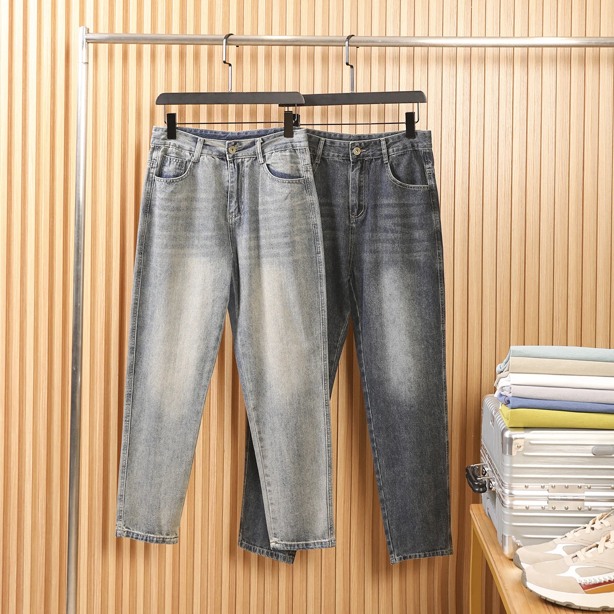 

High Quali Stretchy Straight Leg Men's Jeans Retro Wa Proc Summer New Faion Casual Cotton Blend Fabric mid Waist Zip...