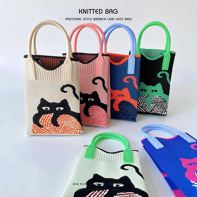 Youda New Fashion Polyester Fabric Shoulder Bag for Women Knitting Cute Cat Pattern Handbag Casual Capacity Shopper Tote Bags