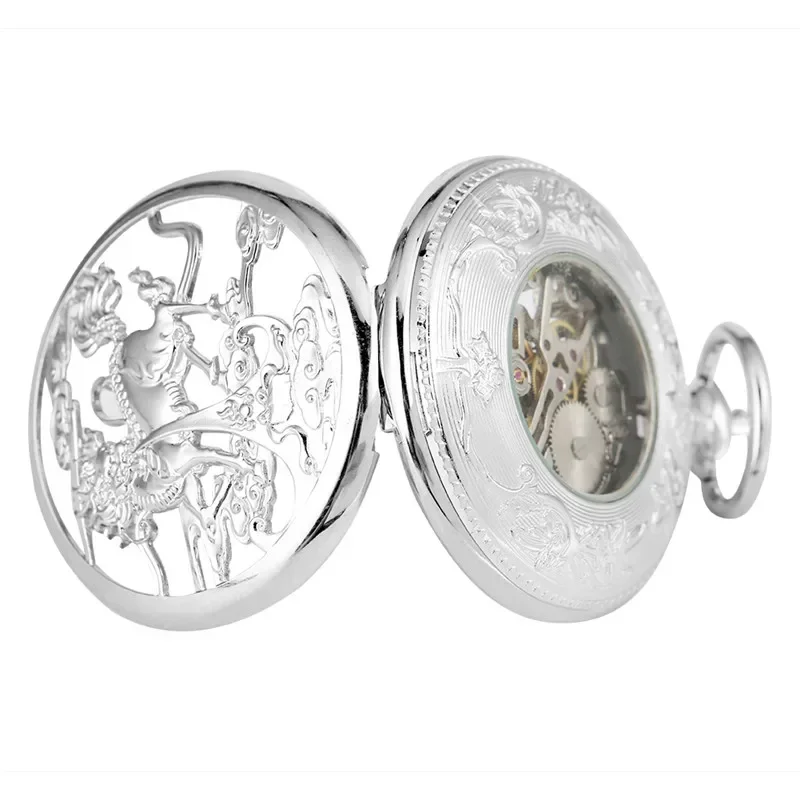 Vintage Silver Hollow Out Kirin Mechanical Hand-winding Pocket Watch for Men Women Skeleton Clock with Pendant Chain Reloj Gift