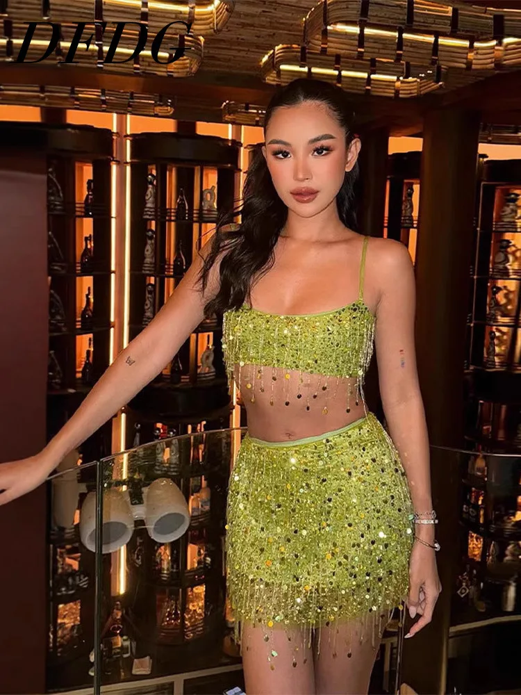 DFDG Dames Lente Limoengroen Pailletten Tweedelige set Cami Top Kwastje Detail Rok Feest Clubwear 2026 Trendy Vrouwelijke Modeset