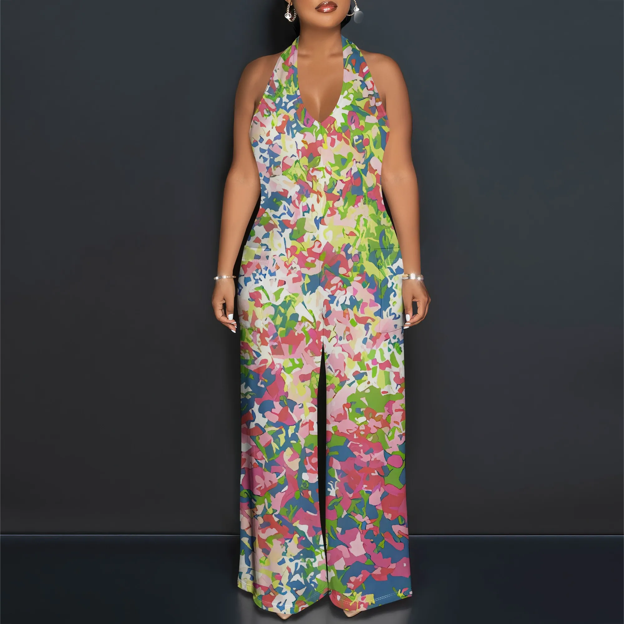 

Nupusa Floral Print Jumpsuit for Women Regular Size Summer Casual Halter Neck Wide Leg Jumpsuit