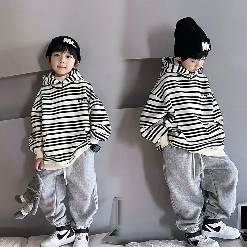 ZOETOPKID Spring Autumn School Kids 2PCS Tracksuit Boys Loose Striped Sweatshirt+Gray Sweatpant Workout Sets Child Jogger Outfit