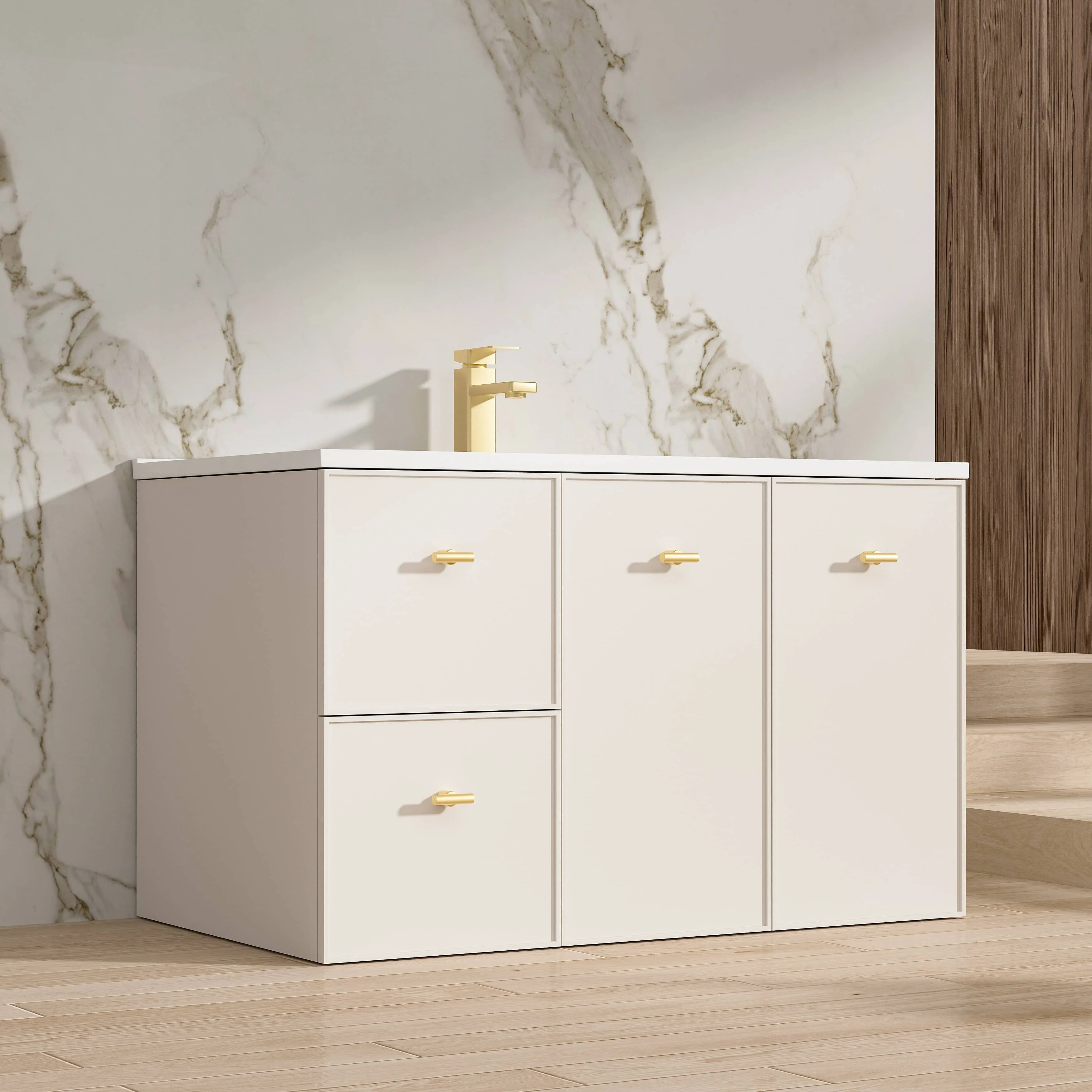 ￥#White Color Floor Mounted Multi Storage Cabinet Ceramic Wash Basin PVC Smart Mirror Floor Standing Bathroom Vanities
