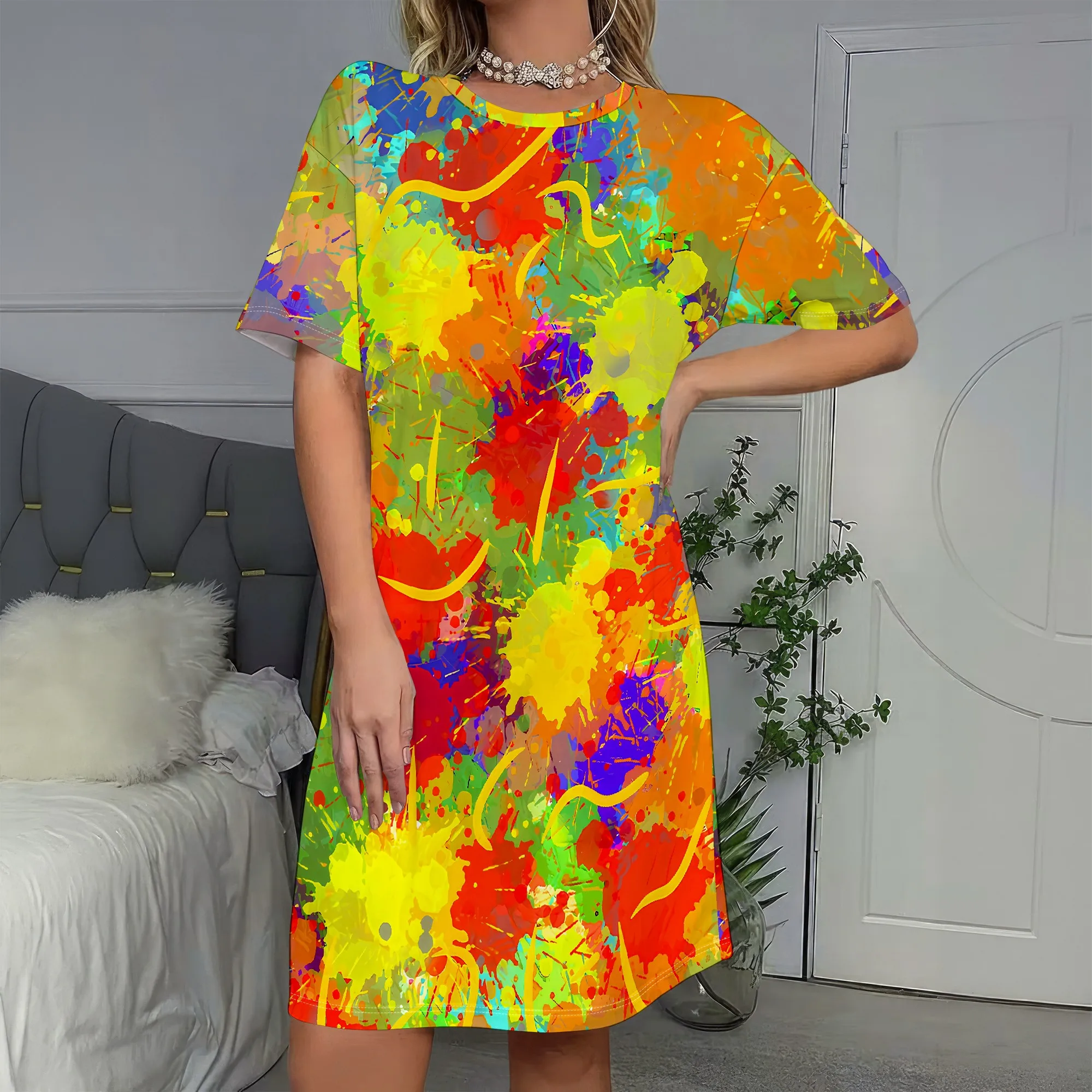 

Vibrant Paint Splatter, Short Sleeve Dress, Abstract Art Print, Colorful Casual Wear, Summer Party Outfit, S-2XL