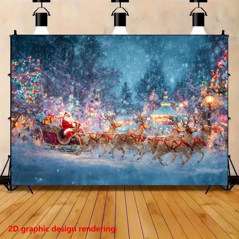 Christmas Eve reindeer sledding Hanging Cloth: Bright Lanterns and happy holy driving in the dreamy snow scene Background cloth