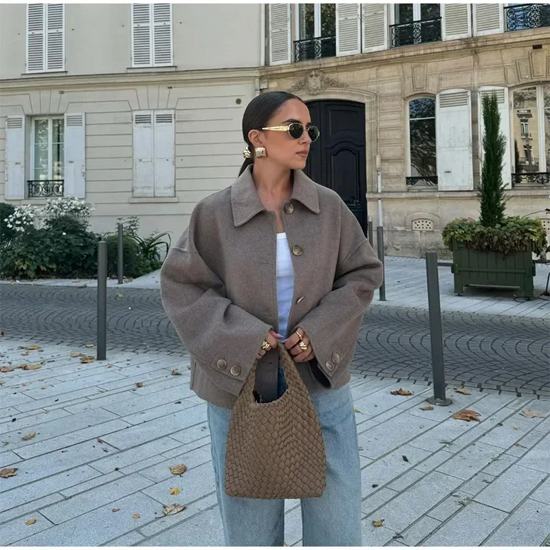 Autumn High Street Overcoat Casual Single Breasted Wool Jacket Women Lapel Long Sleeve Pleated Pocket Loose Coats