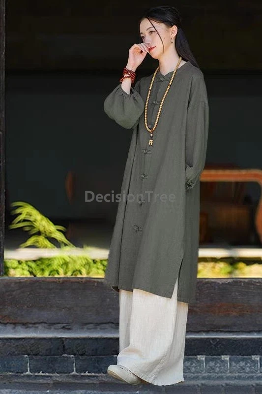 

2025 retro trendy chinese medium long style windbreaker coat zen literature art cardigan elegant temperament cotton linen top