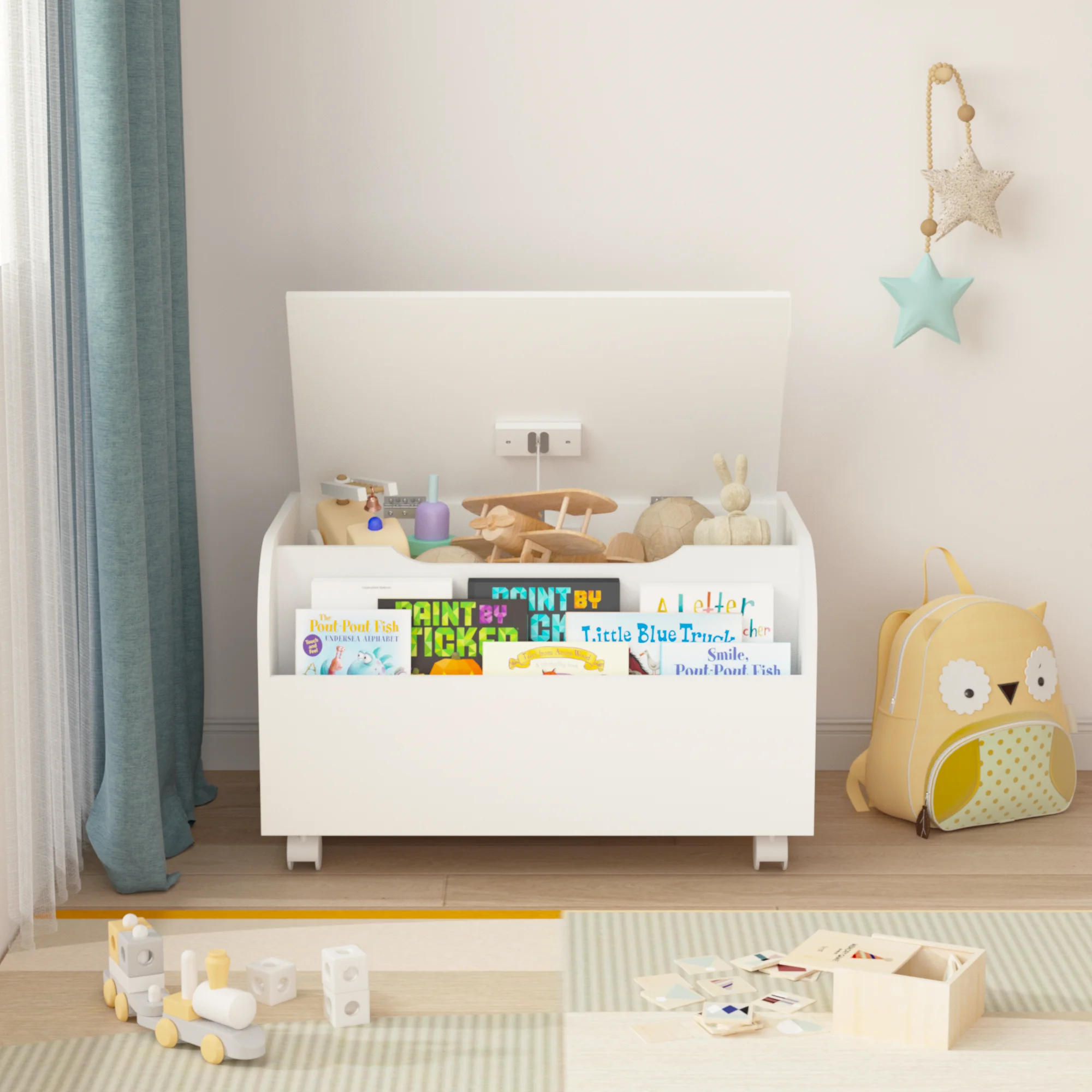 

4-Wheel Wooden Toy Box with Front Bookshelf-Mobile Kid Toy Storage Bench with Flip-Top Lid & Safety Hinge for Kids ,White