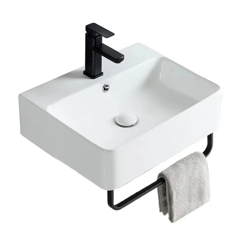 

High quality bathroom vanity sanitary ware rectangular container ceramic wash basin sink wall hanging basin with towel rack