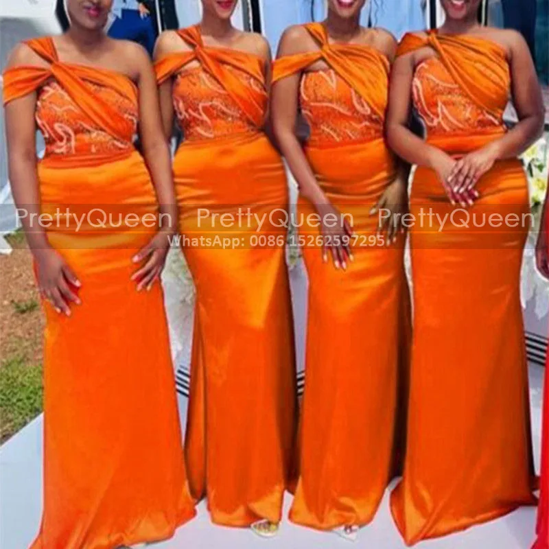

Orange Long Sheath Bridesmaid Dresses Beaded Criss Cross One Shoulder Customized Mermaid Sleeveless Wedding Party Dress