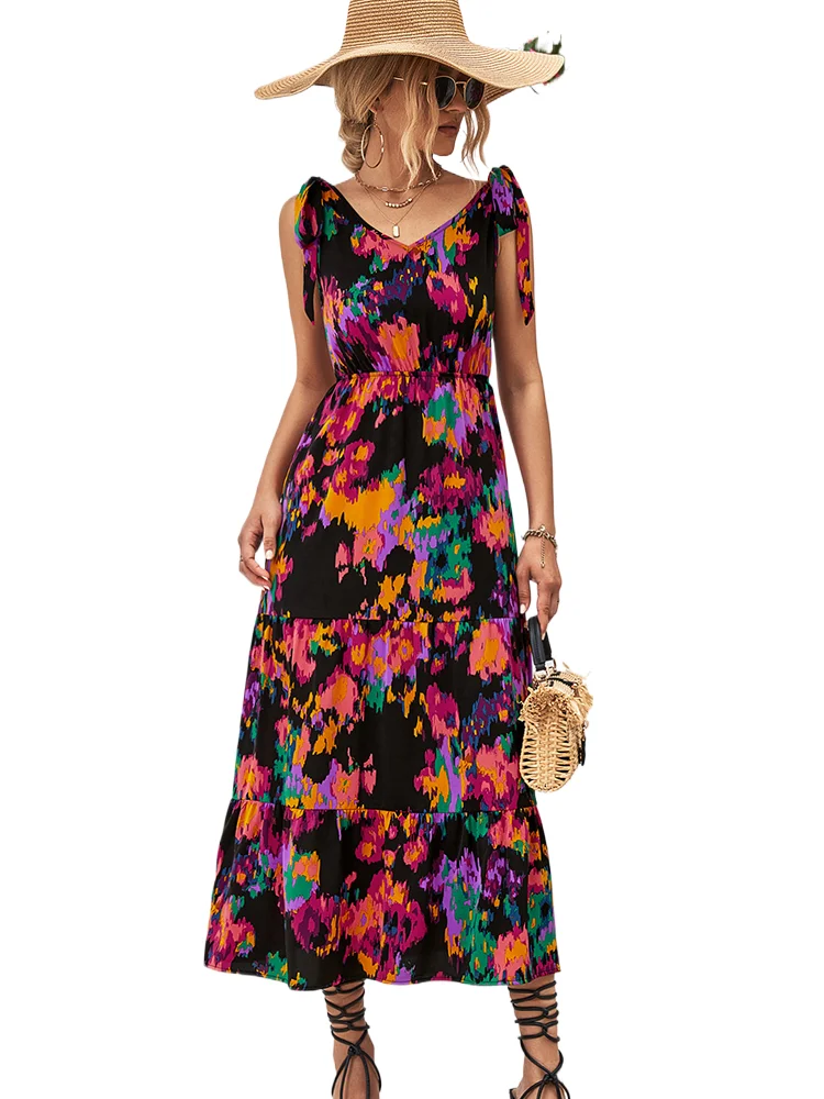 

Sexy V Neck Spaghetti Strap Dress Office Lady Spring Summer Fashion Elegant Floral Print Sleeveless Dresses For Women 2023 Black
