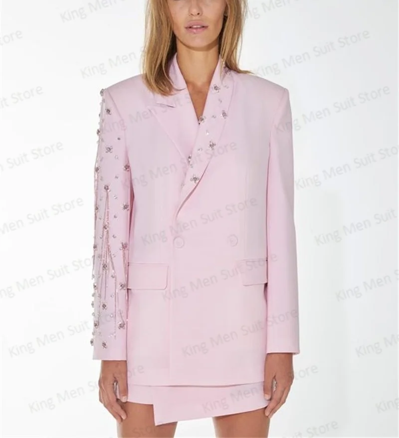 

Pink Crystals Beading Women Suit Skirt Set 2-Pieces Blazer+Short Prom Dress Wedding Tuxedo Formal Office Lady Jacket Tailored