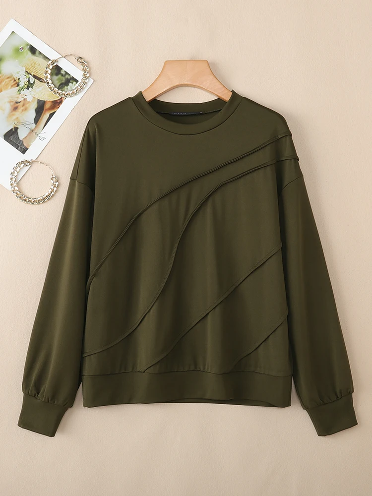 

Осенние толстовки с круглым вырезом, женские однотонные повседневные свободные толстовки с длинными рукавами ZANZEA 2025, модные пуловеры, плиссированная верхняя одежда