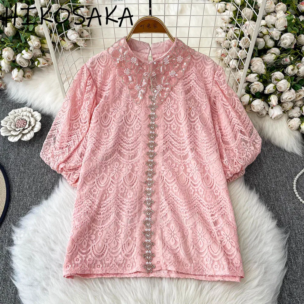 

2025 New Summer Peter Pan Collar Lace Hollow Out Tshirts Bead Diamonds Puff Sleeve Blouse Shirts Solid Elegant All-match Blusa