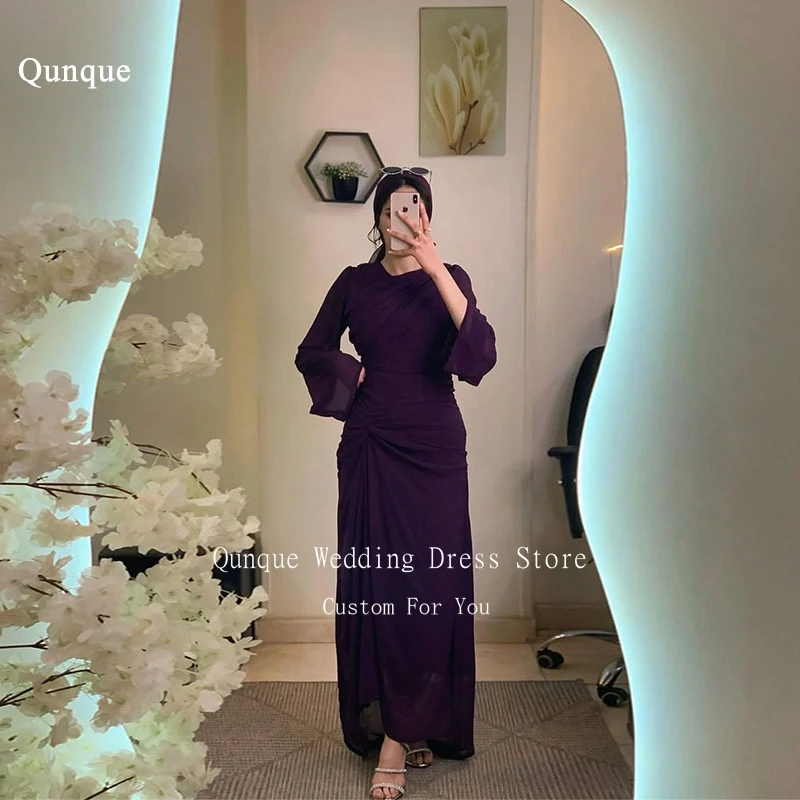 

Qunque Elegant Purple Mermaid Evening Dress Puff Cape Sleeves Pleated Chiffon Women Party Gowns платье на выпускной Customized
