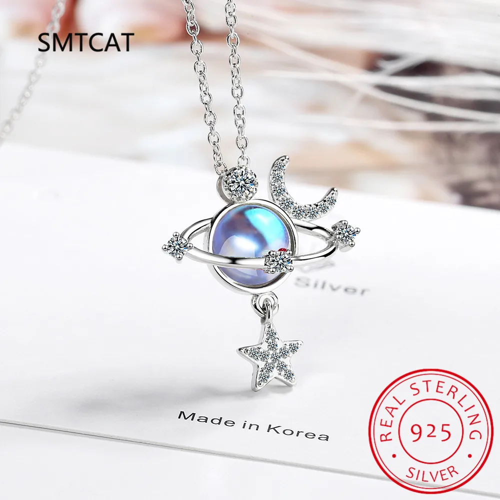 Round Natural Colorful Moonstone 925 Sterling Silver Moon Star Planet Pendant Necklace for Women Fashion Gemstone Jewelry Choker