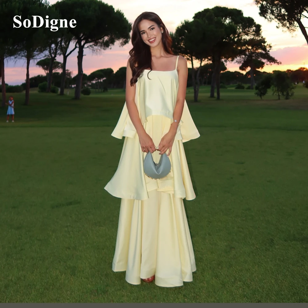 SoDigne Simple Satin Evening Dresses Spaghetti Straps Sleeveless Party Dress Tiered A-Line Prom Gowns Summer Vacation Customized