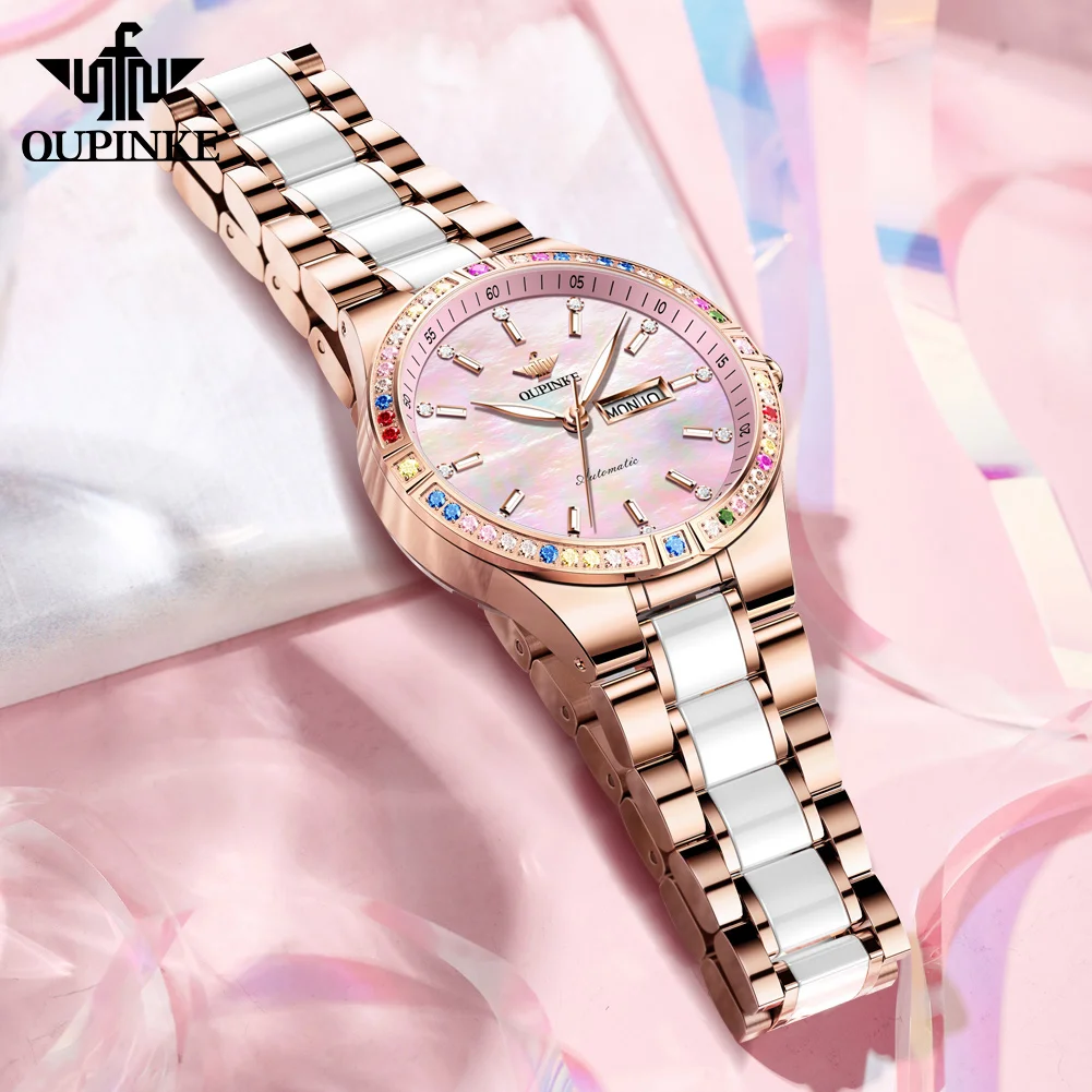 OUPINKE 여성용 시계 럭셔리 자동 기계식 시계 50M 방수 데이 데이트 시계 여성용 오리지널 선물 상자 Reloj 3283