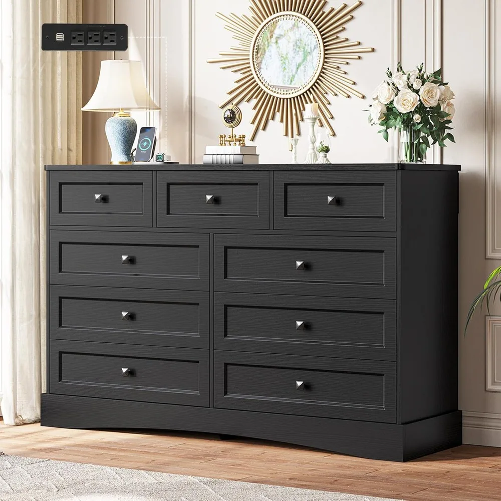 

Dresser with 9 Drawers,51.2" Large Drawer Dresser with Charging Station,Dressers Chest of Drawers,Wooden Storage Tower Organizer