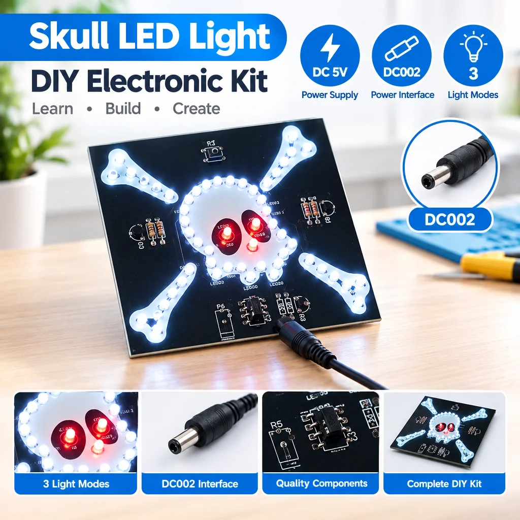 DIY Electronic Soldering Kit Skull Shape Led Flashing Light DC 5V DC002 Connector Student Stem Education Assembly Set