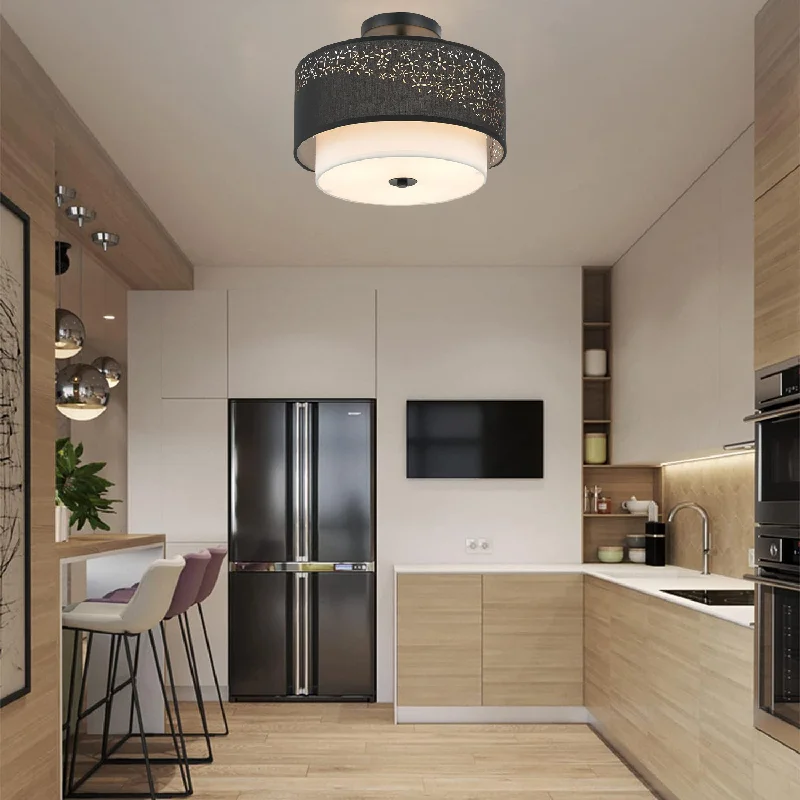 Modern Ceiling Light Double-Layer Fabric Lampshade Black Laser-Cut Ceiling Light E27 Flush Mount Lamp Bedroom Hallway Living Roo