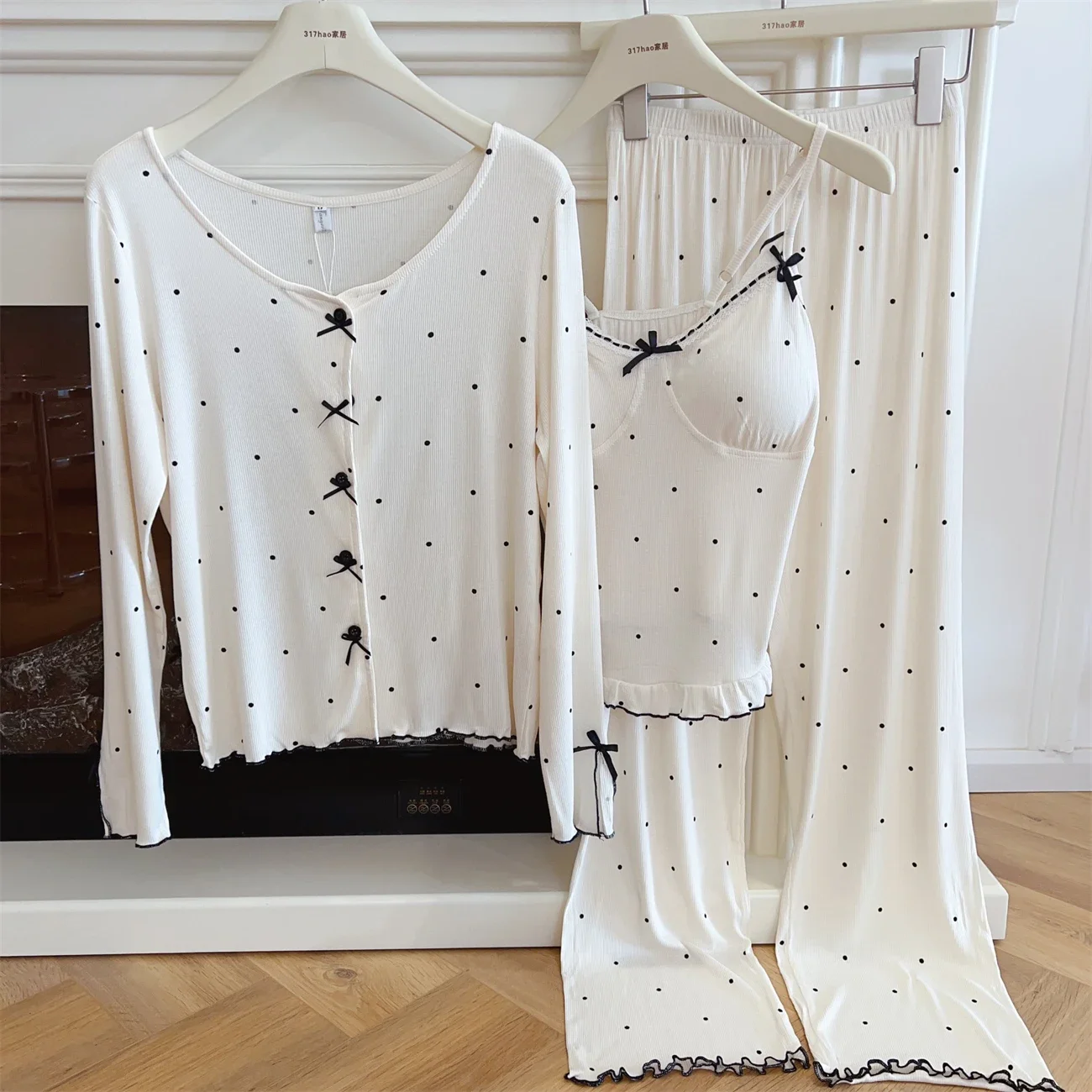 Polka Dot Modal Pajama Three Piece Sets with Chest Pad Bow Long Sleeve Cardigan + Camisole + Elastic Waist Pants Sleepwear