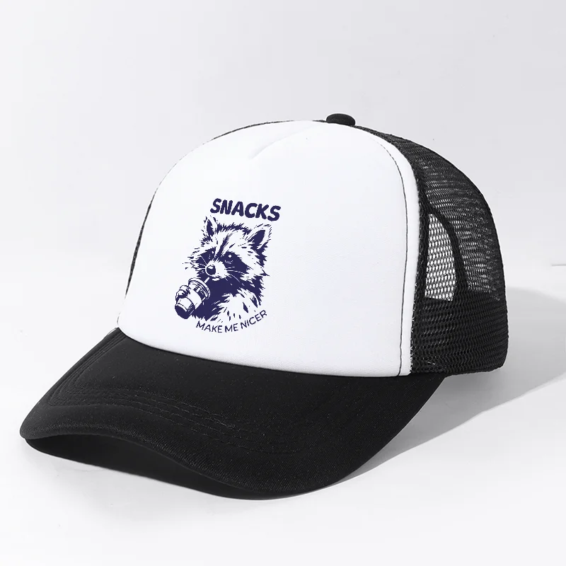 Raccoon Snacks Print Trucker Hat Color-Block Breathable Baseball Cap for Outdoor Sports Camping