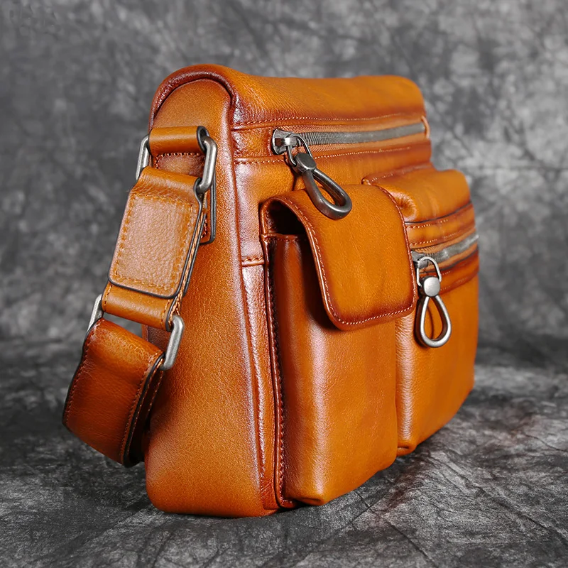 Sac à bandoulière en cuir de vachette tanné végétal pour homme, petit sac à dos vintage, sac à main initié, horizontal, décontracté