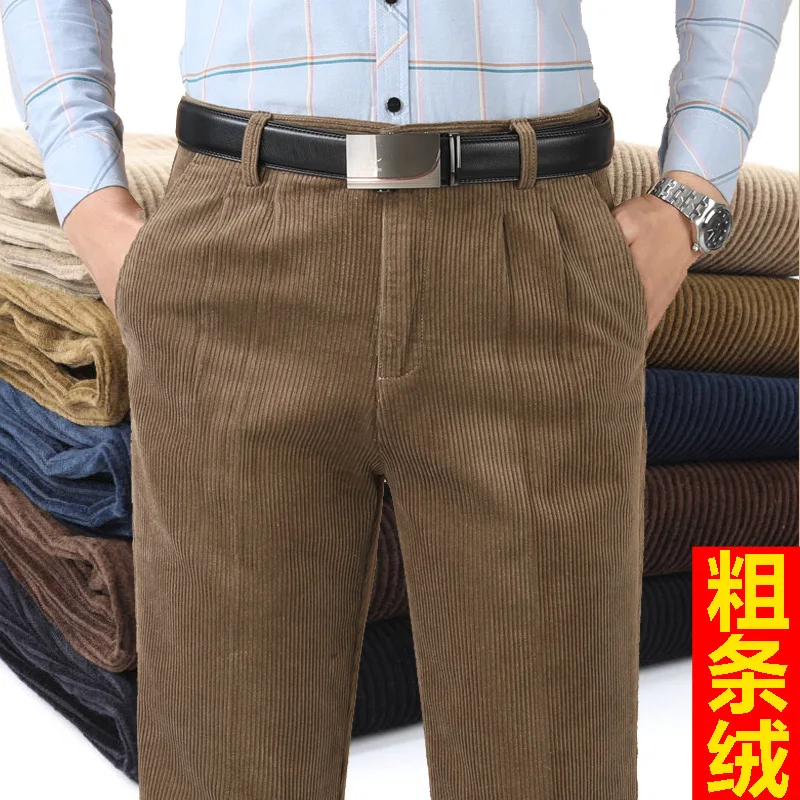 Winter Corduroy Men's Pants Middle aged and Elderly Trousers Striped  Warm  High Waist Straight Tube Long Pants Size 29-42