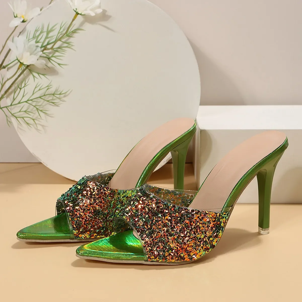 2024 New Gradual Color High Heels Sequin Sandals Summer Fashion Slipper Fish Mouth Slim Heels Large Size Women\'s Shoes