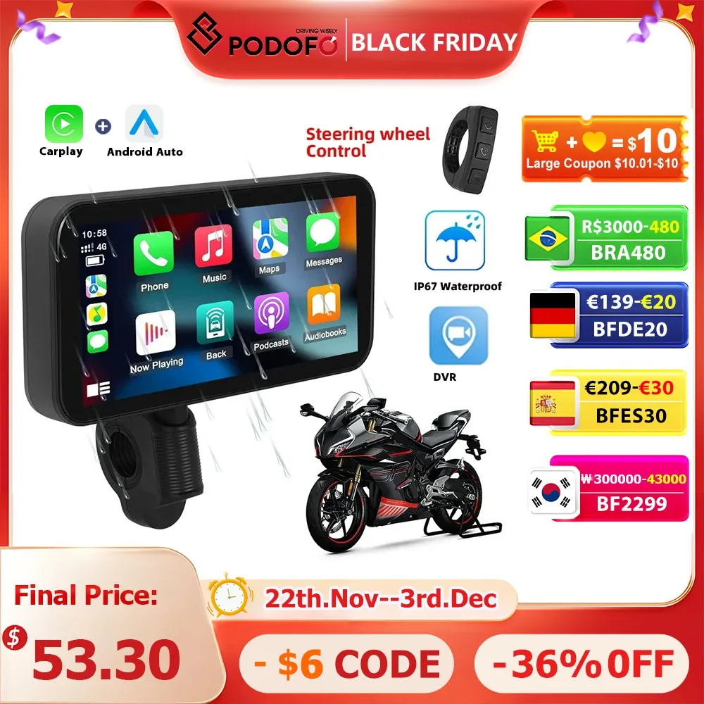 Podofo Motorcycle Navigation Carplay 6.25'' Smart Player Android Auto IP67 Waterproof Carplay Portable Motorcycle Motor Monitor