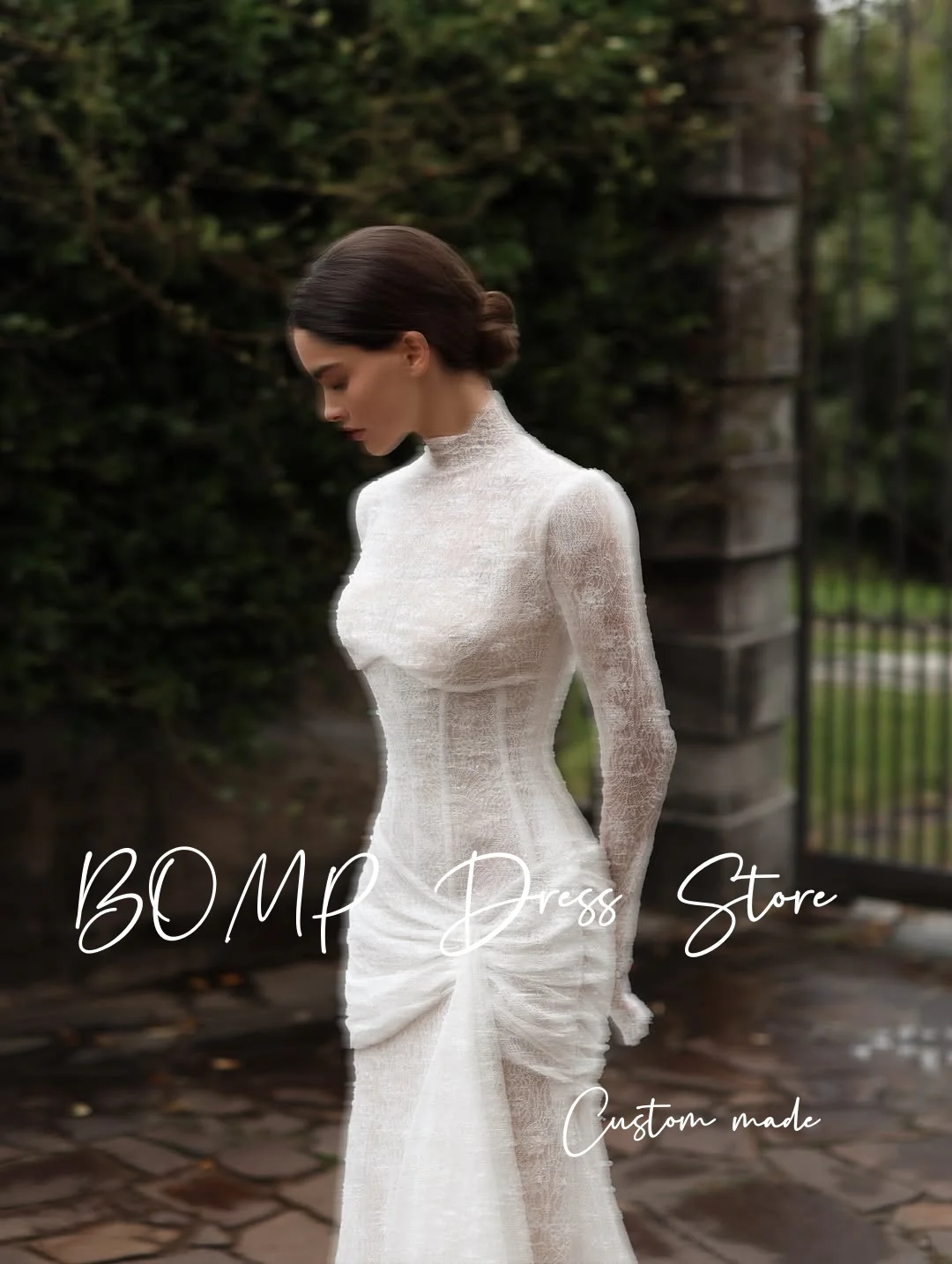 BOMP فساتين زفاف عتيقة من الدانتيل على شكل حرف a رقبة دائرية وأكمام طويلة من الدانتيل سويب تراين فساتين العروس رشيقة Mariage مخصصة 2026 #4
