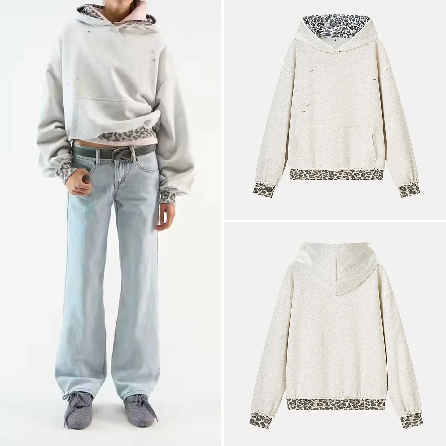 

2025 Winter New Women's Faion Personali Simple Leopard Print Patchwork Hole Hat Sweatirt Stand Version Ladies' Garments