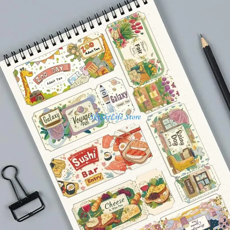 E65E Colorful Cartoon Ticket Stickers Reusable Adhesive Art Supplies For Laptops Phone Skateboards Accessories Customization
