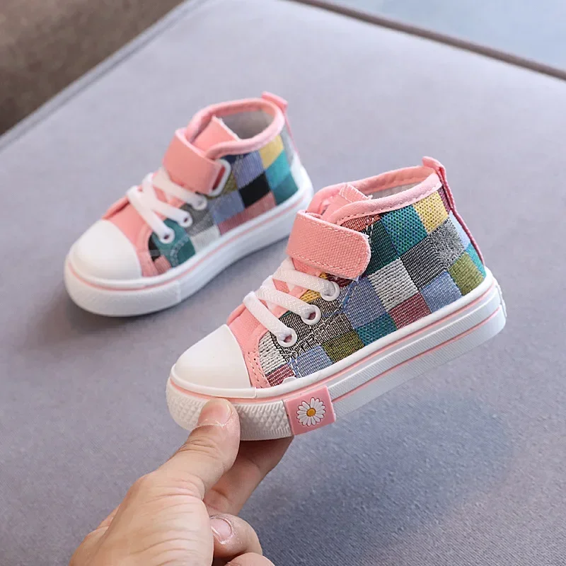 

New Kids Canvas Shoes Girls Casual Cloth Shoes Plaid Printed Plate Shoes Mid-Top Anti-Slip Sneakers Children's Outdoor Shoes
