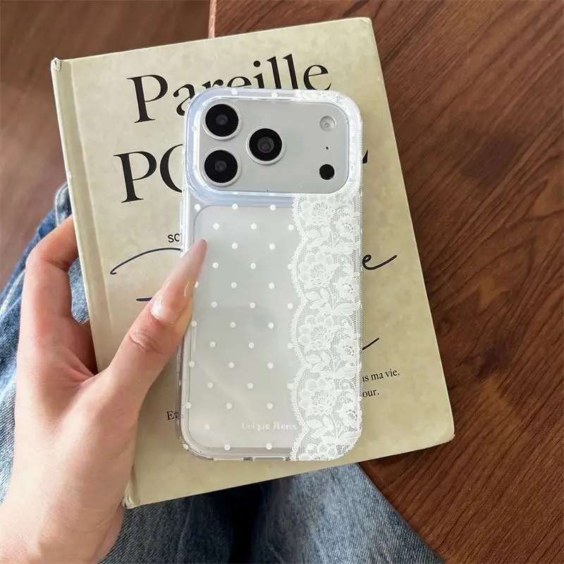 Ins Polka Dots Lace White Black Kawaii Phone Case For iPhone 18 17 Air 16 15 14 13 12 11 Pro Max Plus MINI Y2K Lovely Cover view 4