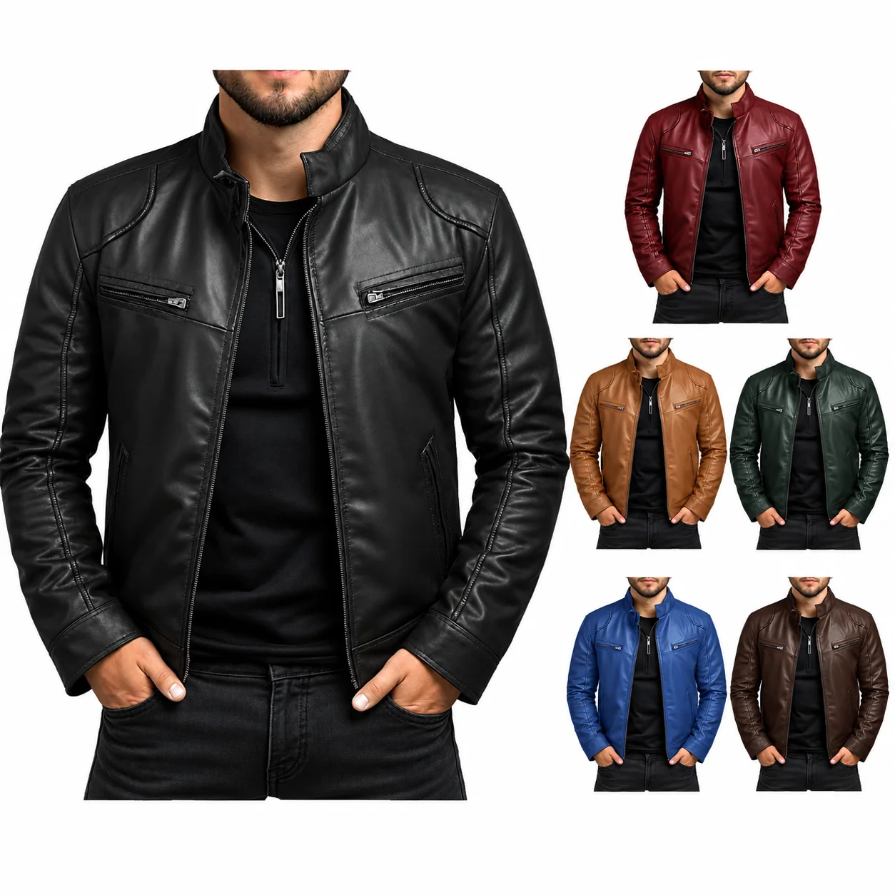 Asian Size Men's Motorcycle Leather Jacket Stand Collar Punk Biker Jacket Men's Casual Slim Fit PU Leather Coat Riding Jacket