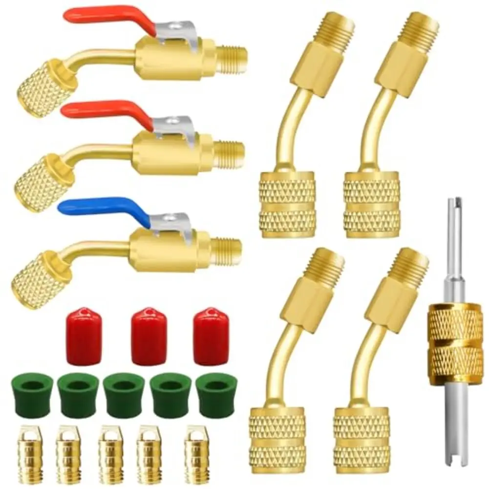 21PCS Brass Adapter Kit R410A 45 Degree Ball Valve For HVAC R134A R22 Air Conditioning Repair Tool Set