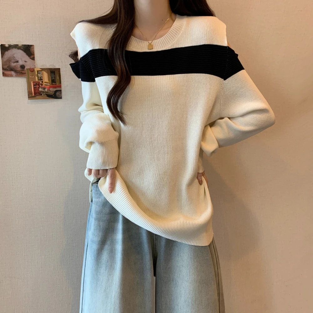 

Round Neck Knit Pullovers Women Spring Fall Korean Strapless Casual Loose Long Sleeve Sweater Tops 2 Colors