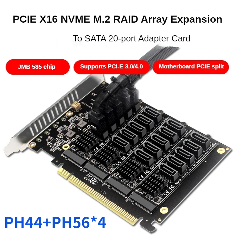 

JMB585 PCI-E X16 Карта сигнала с разделенным массивом M.2 NVME 4 x карты RAID расширения PCIe 16x к SATA 20-портовая карта расширения