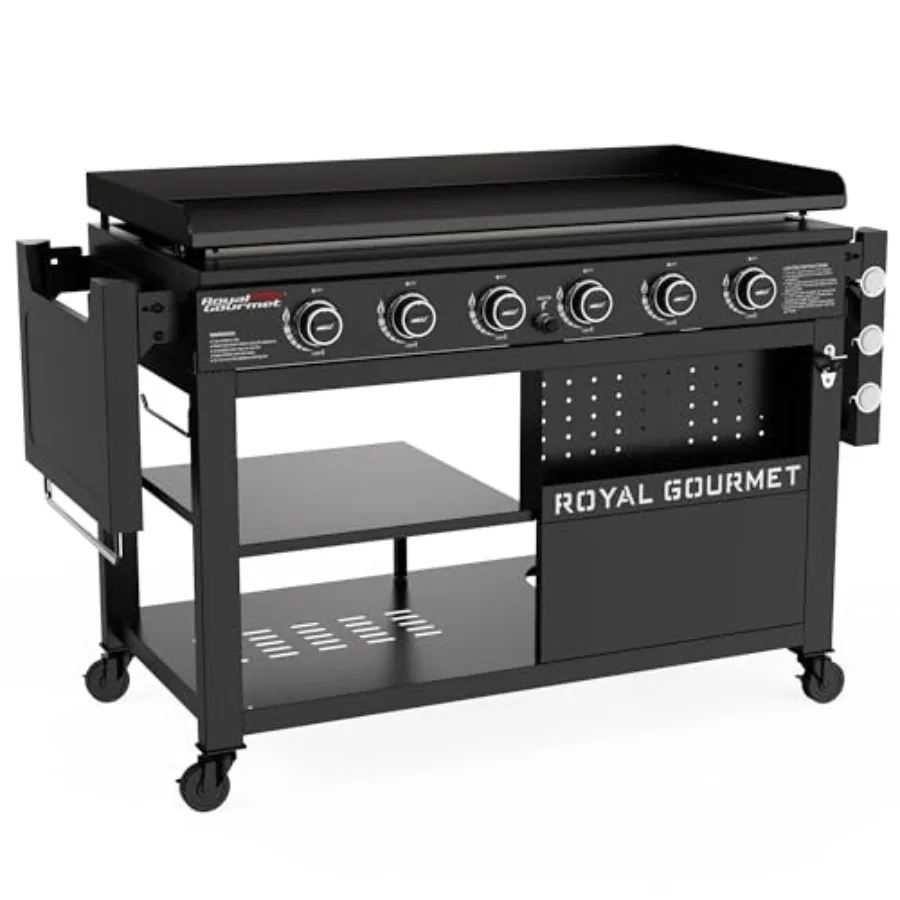

44-Inch 6 Burner Propane Gas Griddle with Folding Side Tables and Double-Layer Bottom Shelves for Outdoor Party or Backyard Bar